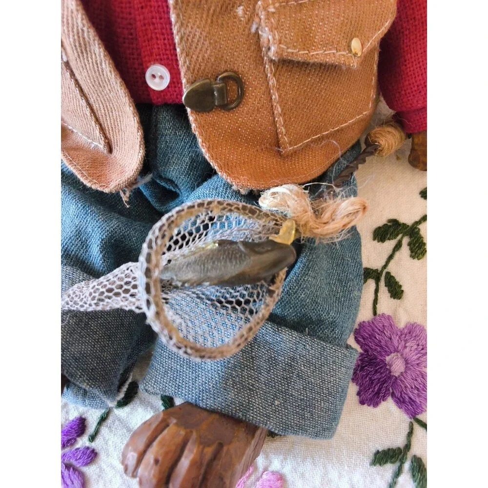 Vintage Heartfelt Ted's Handmade Wooden Fly Fishing Fisherman Bear Teddy